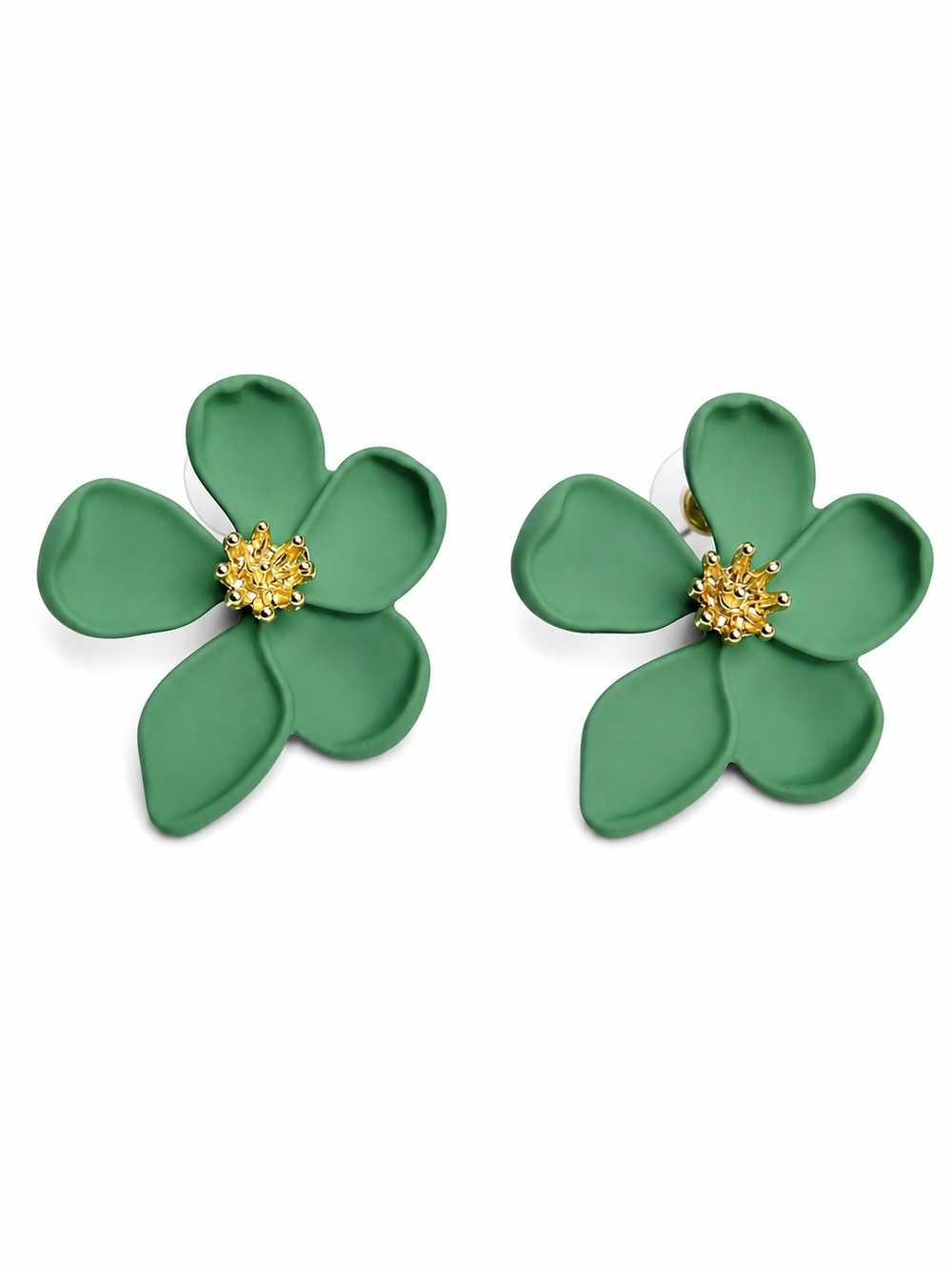 Green Flower Stud Earrings with Gold Center | Chic Floral Statement